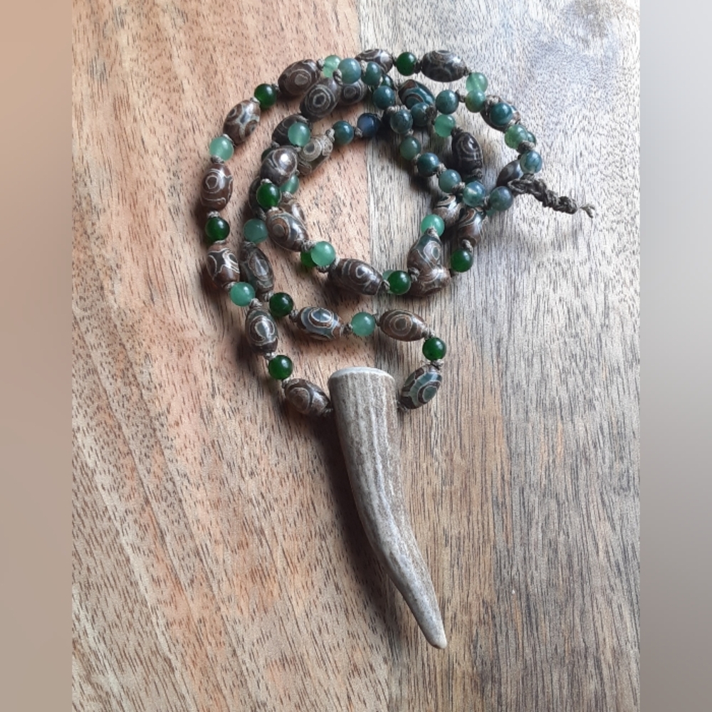 Natural Deer Antler/ DZI Agate/ Green Jade/ Aventurine/ Hemp Necklace